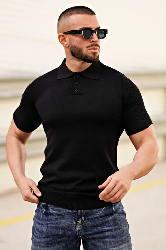 Men's ribbed cuffs and hem polo shirts for a textured lookMen's Button Short Sleeve Polo Shirt - Black