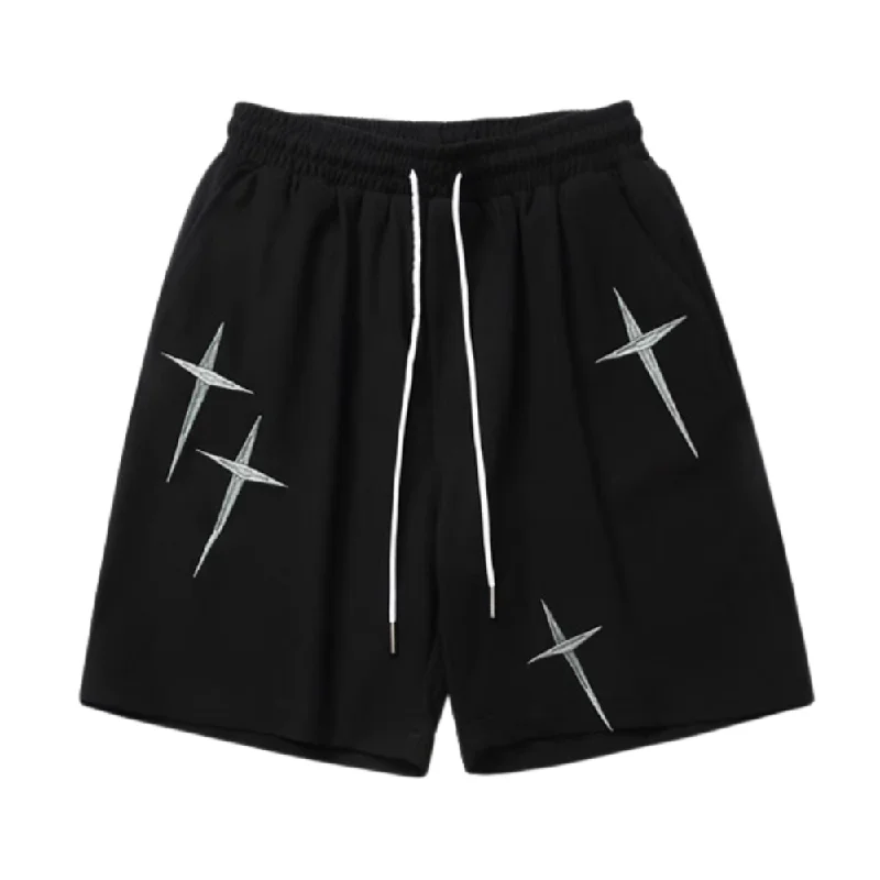 Men's button - fly denim work shorts for durability on the jobCasual Star Embroidery Drawstring Shorts