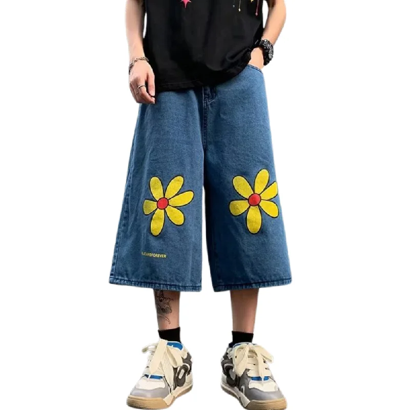 Men's wide - leg linen blend shorts for a relaxed beachside vibeJapanese Flower Embroidered Shorts