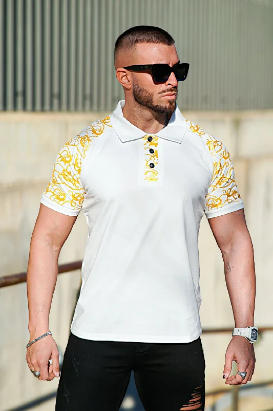 Men's ribbed cuffs and hem polo shirts for a textured lookMen Short Sleeve Polo Shirt - Gold & White Pattern