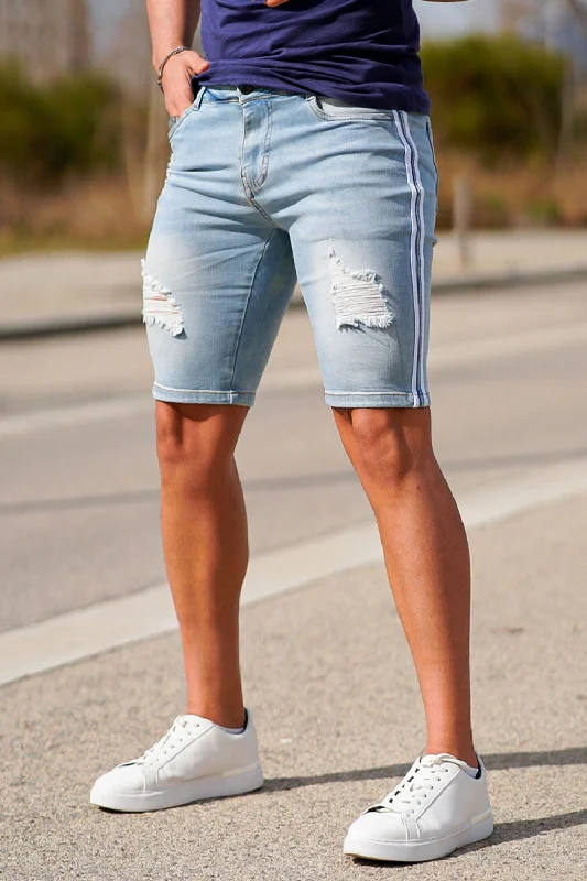 Men's pleated front twill shorts for a classic and sophisticated appearanceMen's Denim Comfort Shorts-Blue