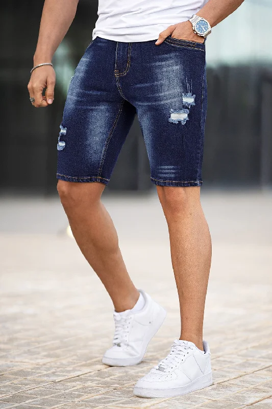 Men's Denim Short - Ripped And Dark Blue