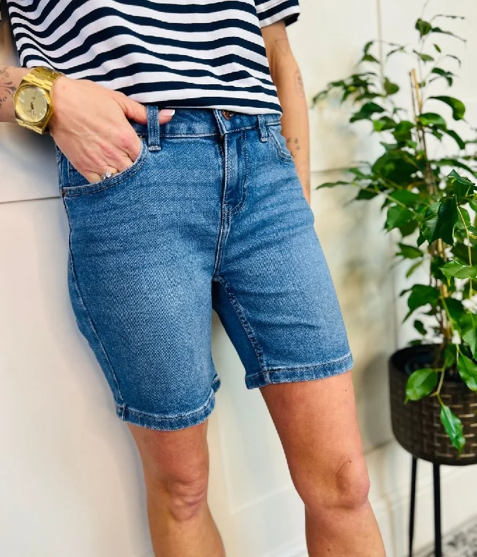 Men's flat - front chino shorts for semi - formal summer eventsMid Denim Mid Length Boy Shorts