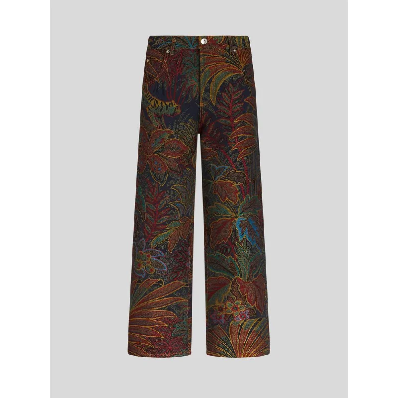 Men's Jeans with a Frayed Hem for a Casual and Effortless StyleJACQUARD JEANS WITH FOLIAGE PATTERN