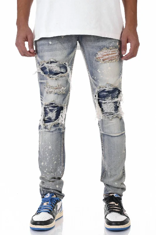 Men's Jeans with a Zip - Off Lower Leg for Convertible StylePatched Ripped Jeans In Vintage Medium Blue