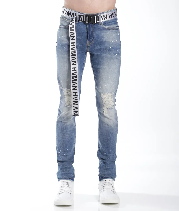 Men's High - Waisted Jeans in a Medium Wash for a Vintage - Style RevivalStrat Super Skinny Fit Jean W/White Belt In Lichen