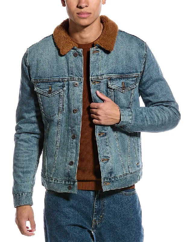 Men's Distressed Jeans with Patches for a Retro and DIY - Inspired AppearanceVince Denim Trucker Jacket