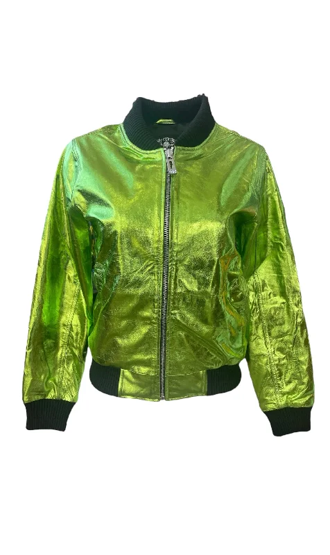 Bomber men jackets with ribbed cuffs for a classic 80s styleAny Old Iron Men's Green Metal Bomber Jacket