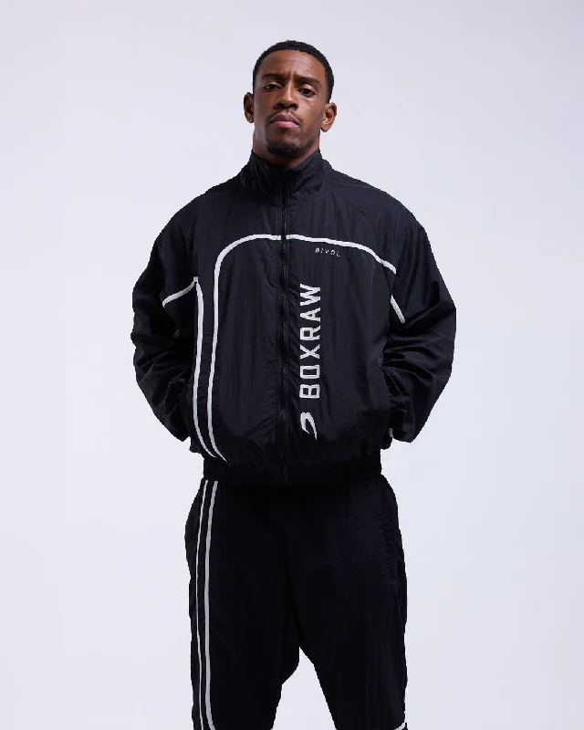 Men jackets with a built - in hood that can be stowed away when not in useBivol x BOXRAW Track Jacket - Black