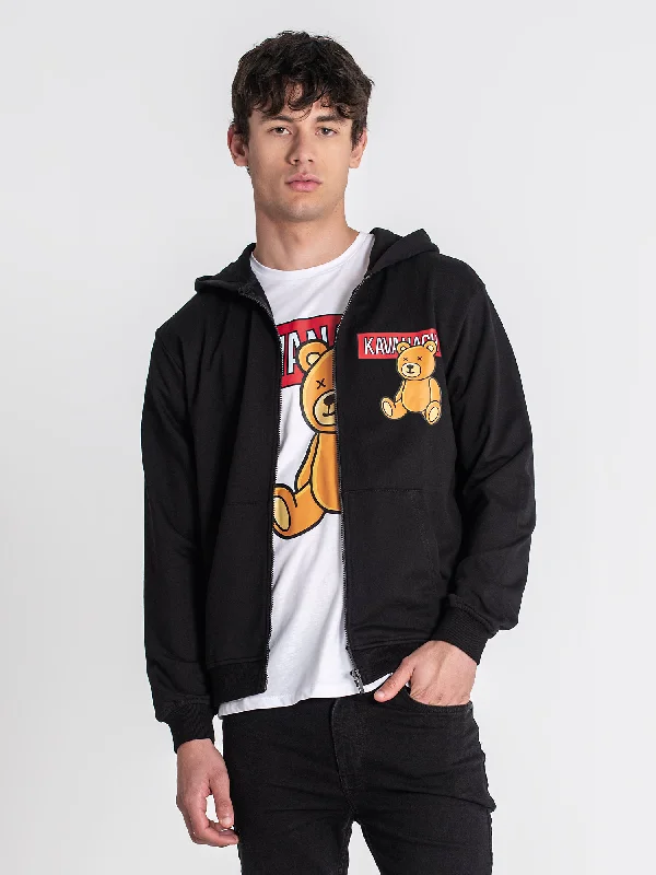 Denim men jackets with embroidered patches for a personalized touchBlack Bear Alert Hoodie Jacket