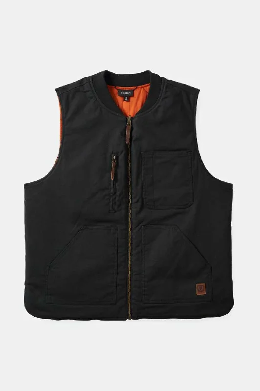 Denim men jackets with embroidered patches for a personalized touchBuilders Abraham Reversible Vest - Washed Black/Rust Orange