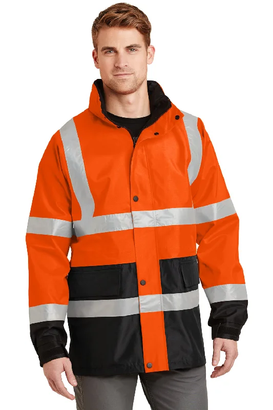 Fleece - lined men jackets for cold - weather commutingCornerStone Mens ANSI 107 Class 3 Waterproof Full Zip Hooded Jacket - Safety Orange