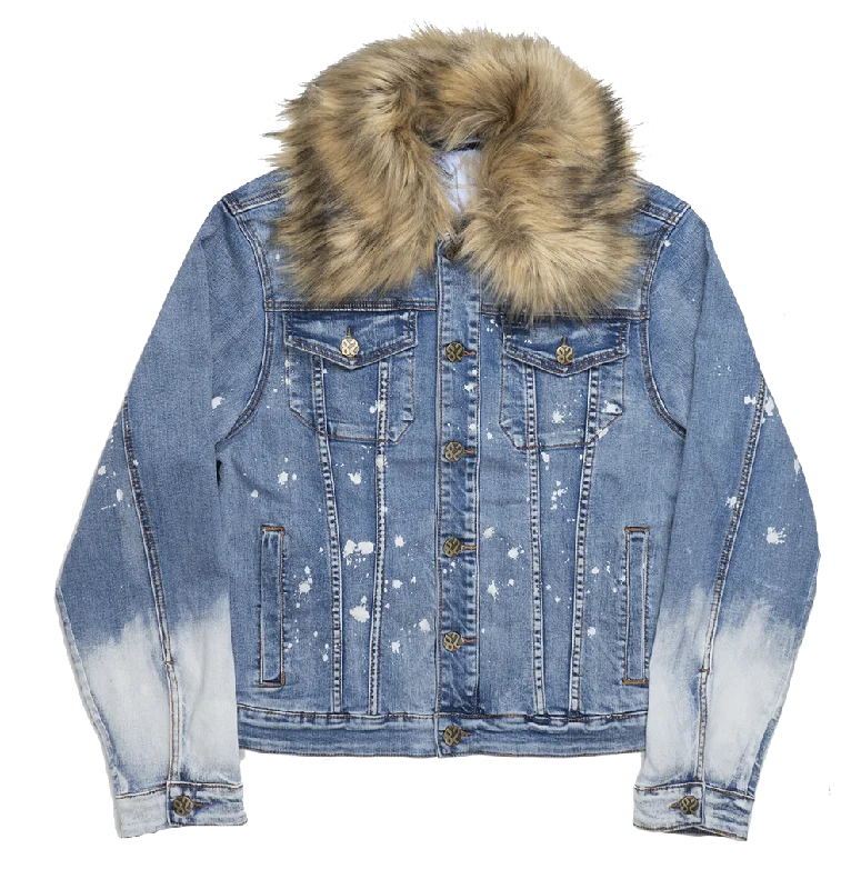 Hooded men jackets with a detachable faux - fur trim for added warmthCREATE 2MRW FUR DENIM JACKET LT BLUE - CS9684