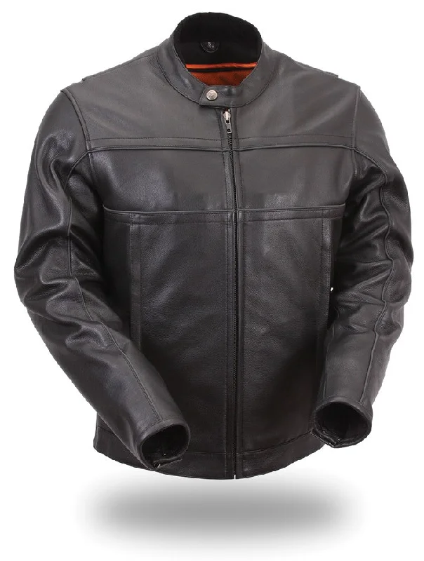 Stretch - fabric men jackets for unrestricted movement during workoutsFirst Manufacturing FIM260NOCZ Men's Black Leather Scooter Jacket with Reflective Piping