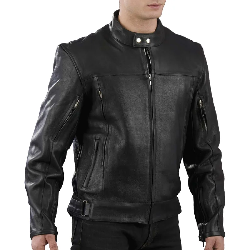 Performance - driven men jackets with breathable fabric for sportsGenuine Leather EL1409 Men's Black Leather Vented Mandarin Collar Racer Jacket