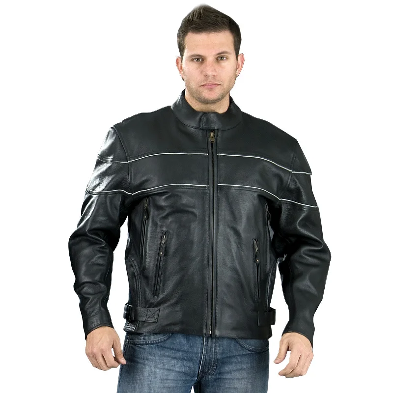 Men jackets with a media - friendly pocket for easy access to gadgetsGenuine Leather EL2121 Men's Black Side Stretch Jacket with Reflective Piping