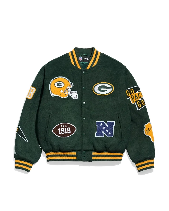 Bomber men jackets with ribbed cuffs for a classic 80s styleGreen Bay Packers Pennant Varsity Jacket