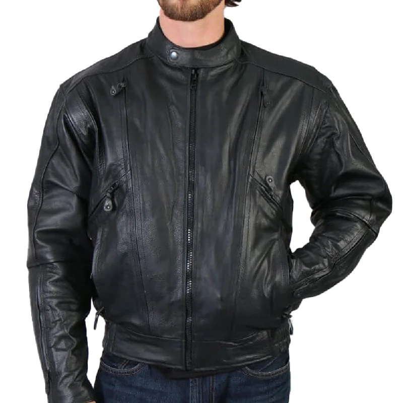 Denim men jackets with embroidered patches for a personalized touchHot Leathers JKM1005 Men's Black Premium Leather Vented Motorcycle Biker Jacket