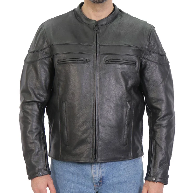 Men jackets with a built - in hood that can be stowed away when not in useHot Leathers JKM1032 Men’s Black ‘Skull Flag' Printed Leather Jacket with Concealed Carry Pockets