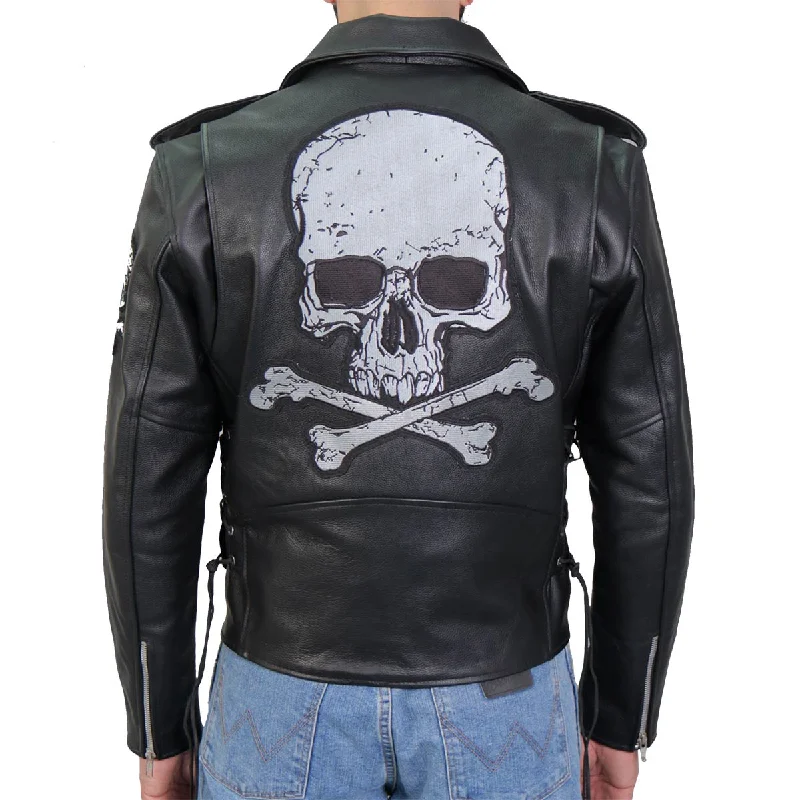 Men jackets with a media - friendly pocket for easy access to gadgetsHot Leathers JKM2001 Men’s Black ‘Skull And Crossbones' Motorcycle Leather Jacket