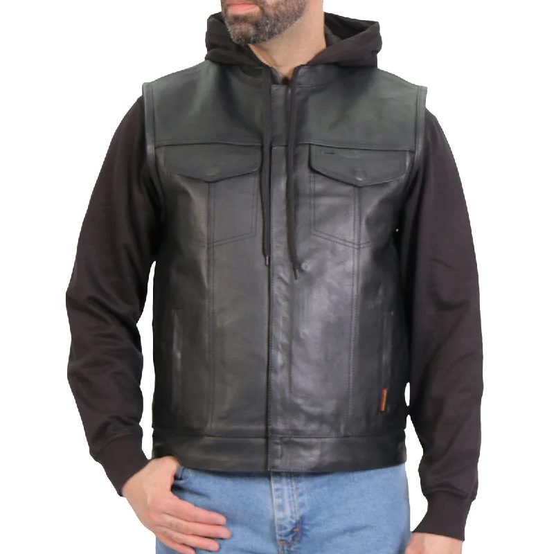 Men jackets with a hidden interior pocket for secure storageHot Leathers VSM1202 Men's Black '2-in-1' Conceal and Carry Leather Vest with Hoodie