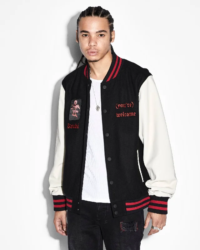 Bomber men jackets with ribbed cuffs for a classic 80s styleICONS LETTERMAN JACKET BLACK