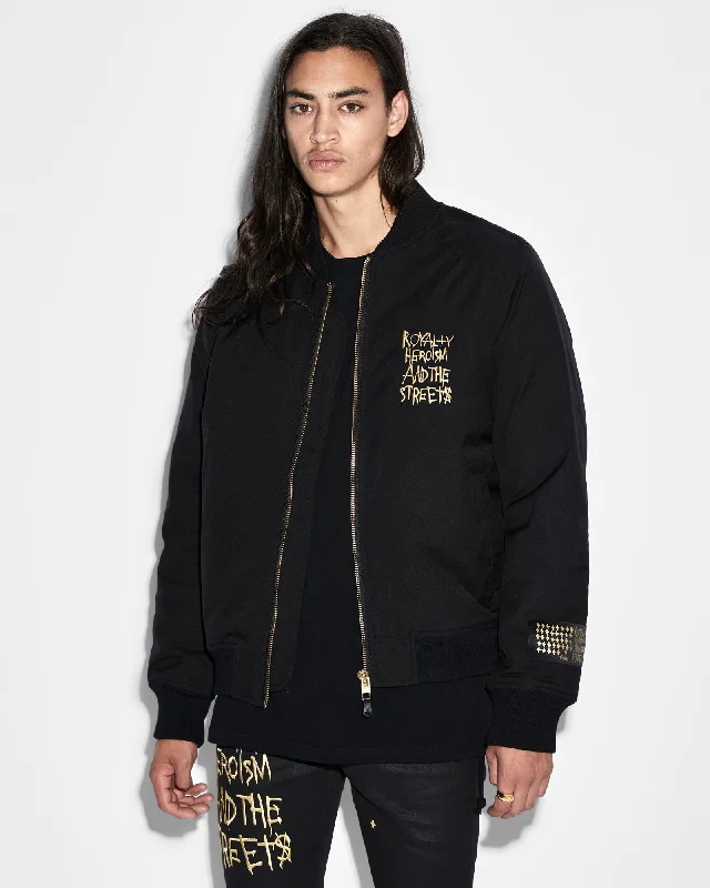 Embroidered men jackets with intricate floral designs for a unique aestheticKSUBI 23 BOMBER JACKET JET BLACK