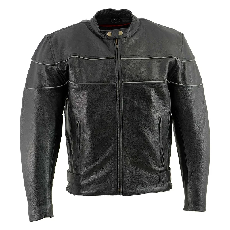 Embroidered men jackets with intricate floral designs for a unique aestheticLeather King Men's XS2121NB ‘Side Stretch’ Black Leather Jacket with Reflective Piping