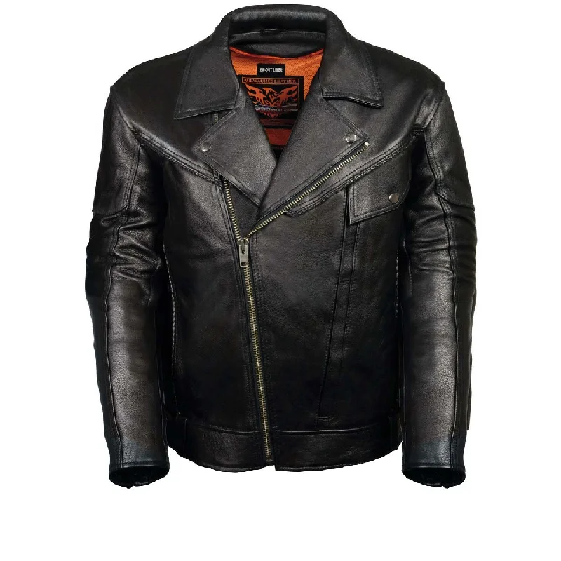 Bomber men jackets with ribbed cuffs for a classic 80s styleLeather King ML1057 Men’s Classic Black Leather Motorcycle Jacket w/ Multiple Vents