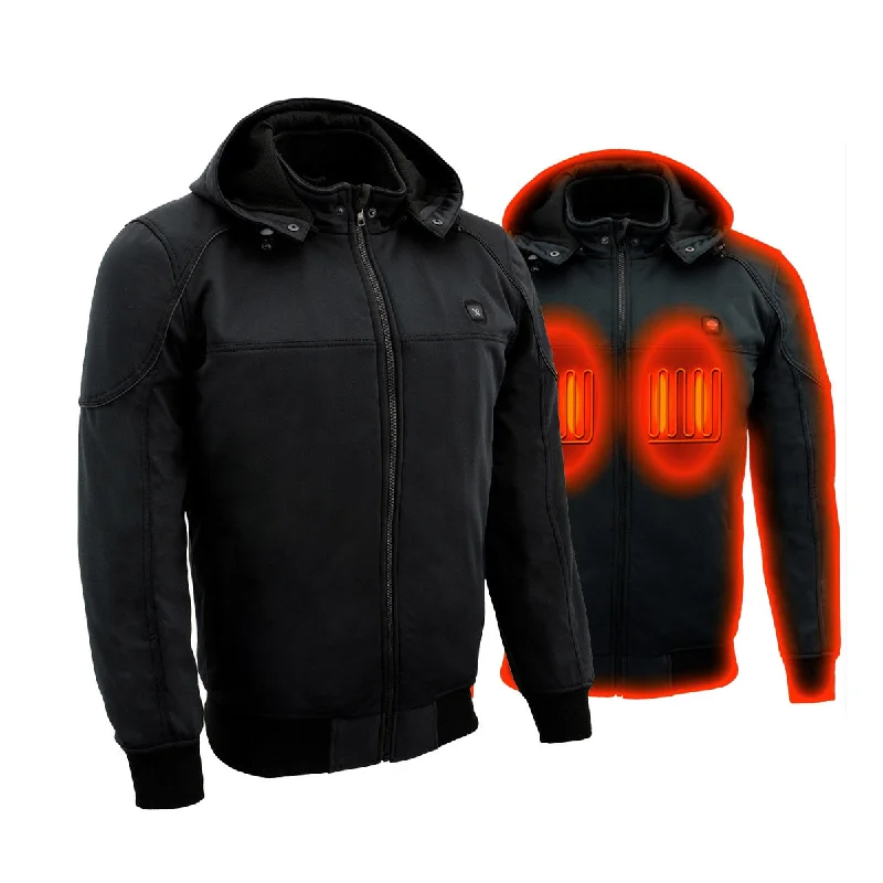 Hooded men jackets with a detachable faux - fur trim for added warmthNexgen Heat MPM1761SET Men’s Black 'Heated' Soft Shell Racing Style Motorcycle Heated Jacket for Riding w/ Battery