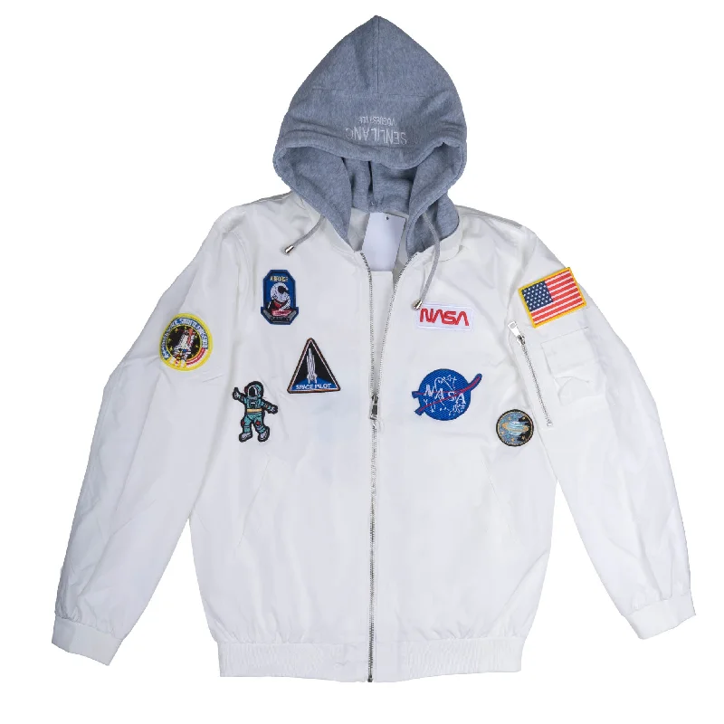 Lightweight men jackets made from recycled nylon for eco - friendly travelNASA ZIP-UP BOMBER HOODIE JACKET WHITE - NASA003