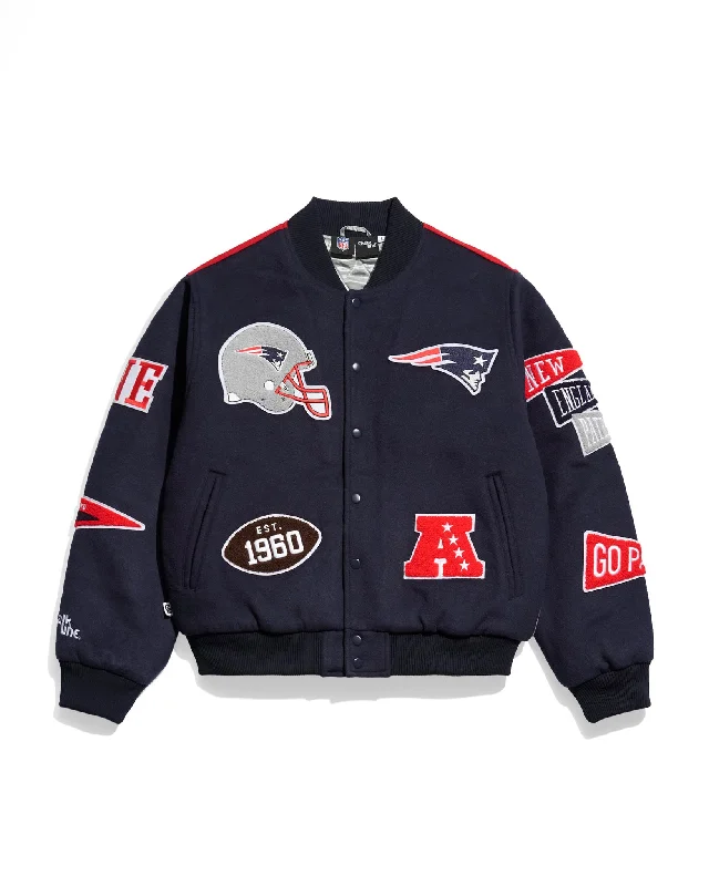 Men jackets with a built - in hood that can be stowed away when not in useNew England Patriots Pennant Varsity Jacket