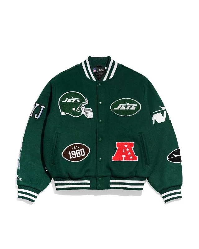 Men jackets with a built - in hood that can be stowed away when not in useNew York Jets Pennant Varsity Jacket