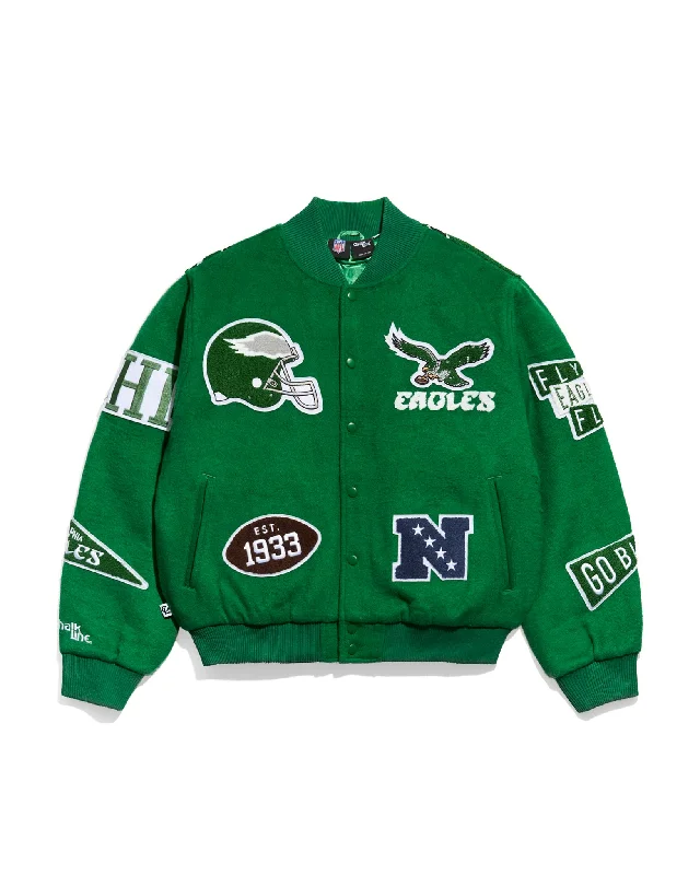 Waterproof men jackets with taped seams for heavy rain protectionPhiladelphia Eagles Kelly Green Pennant Varsity Jacket