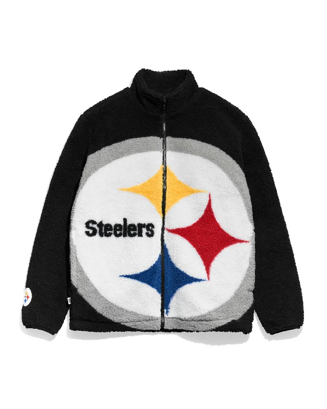 Denim men jackets with embroidered patches for a personalized touchPittsburgh Steelers Big Logo Sherpa Jacket