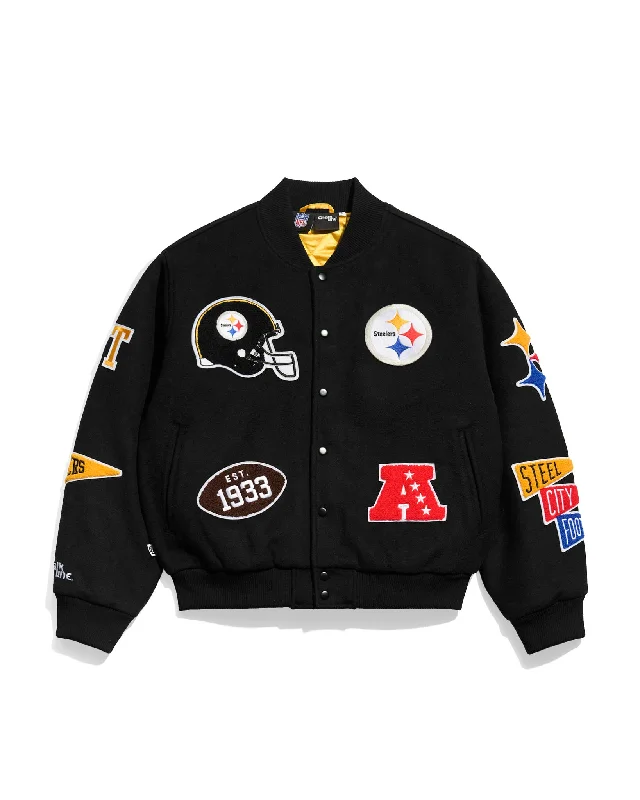 Denim men jackets with embroidered patches for a personalized touchPittsburgh Steelers Pennant Varsity Jacket