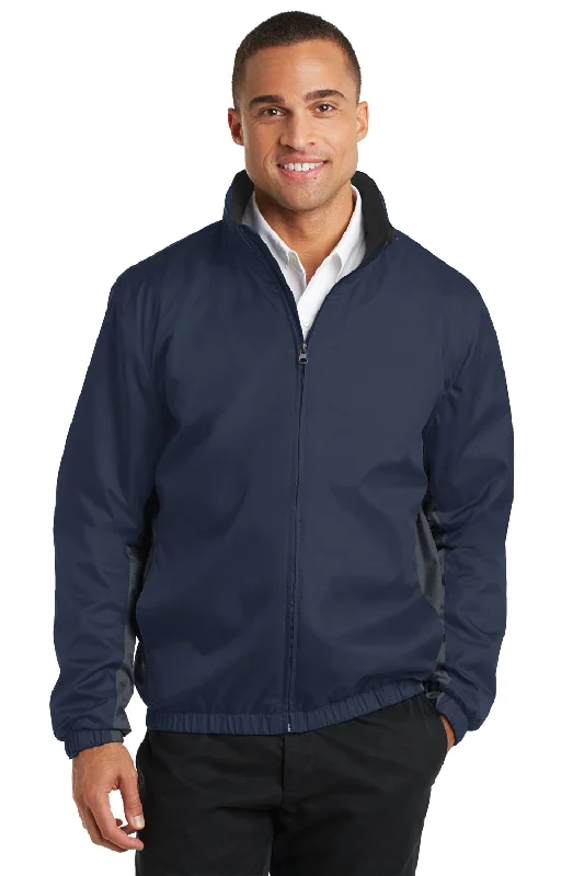 Hooded men jackets with a detachable faux - fur trim for added warmthPort Authority Mens Core Wind & Water Resistant Full Zip Jacket - Dress Navy Blue/Battleship Grey - Closeout