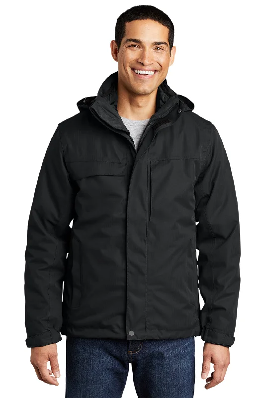 Hooded men jackets with a detachable faux - fur trim for added warmthPort Authority Mens Herringbone 3-in-1 Waterproof Full Zip Hooded Jacket - Black