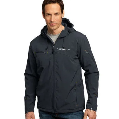 Slim - fit leather men jackets with a distressed finish for a rugged lookPort Authority Textured Hooded Soft Shell Jacket