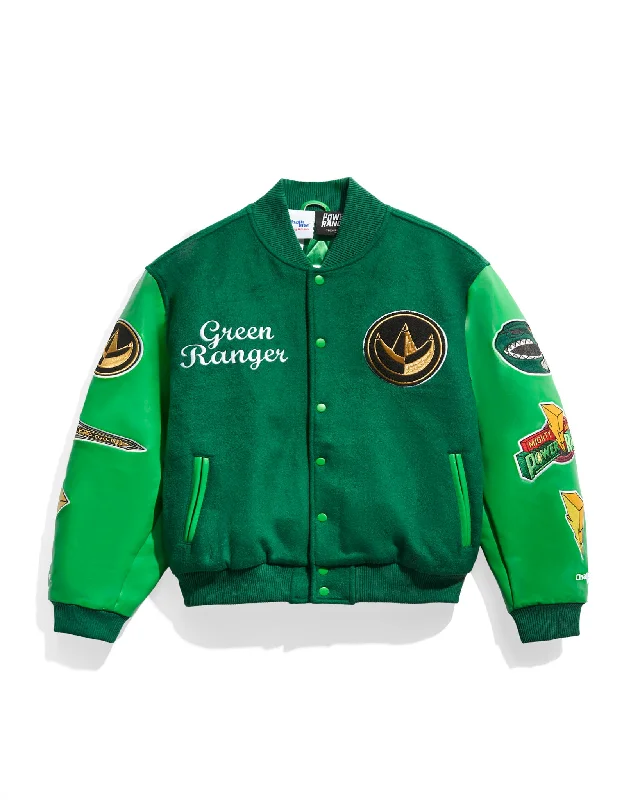 Men jackets with a media - friendly pocket for easy access to gadgetsPower Rangers Green Varsity Jacket