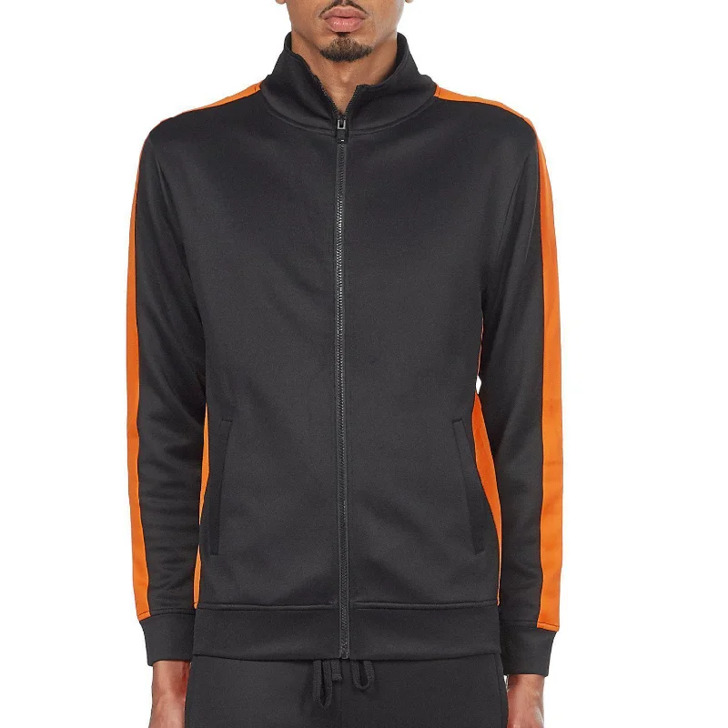 Men jackets with a built - in hood that can be stowed away when not in useREBEL MINDS TRACK JACKET BLACK/ORANGE - 100-501