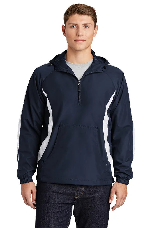 Embroidered men jackets with intricate floral designs for a unique aestheticSport-Tek Mens 1/4 Zip Hooded Jacket - True Navy Blue/White