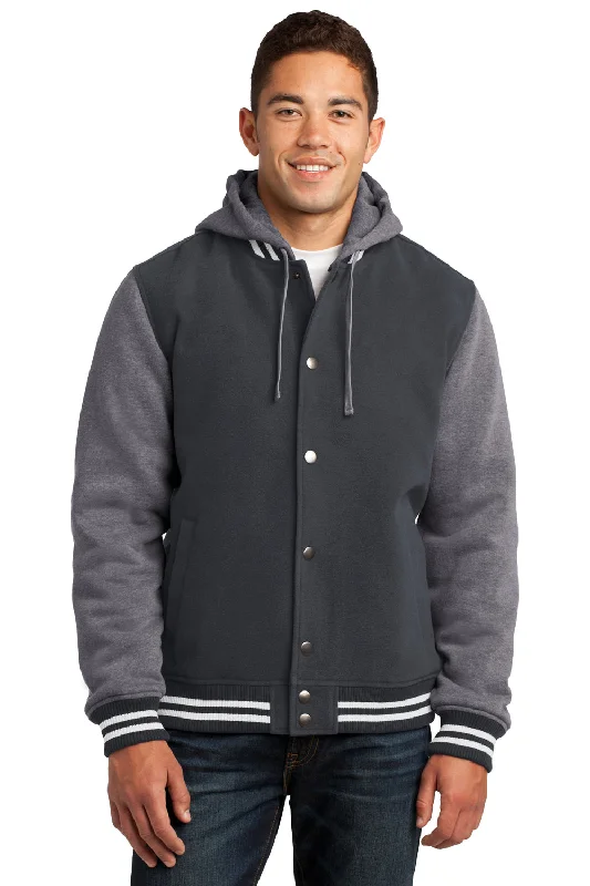 Slim - fit leather men jackets with a distressed finish for a rugged lookSport-Tek Mens Snap Down Hooded Letterman Jacket - Graphite Grey/Heather Vintage Grey/White - Closeout