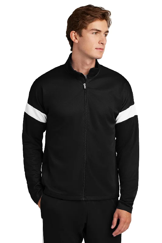 Men jackets with a media - friendly pocket for easy access to gadgetsSport-Tek Mens Moisture Wicking Travel Full Zip Jacket - Black/White - New