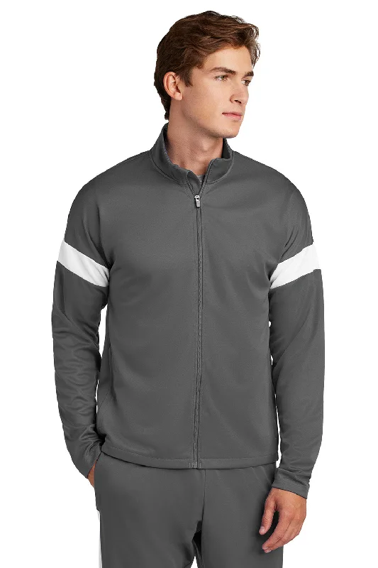 Men jackets with a media - friendly pocket for easy access to gadgetsSport-Tek Mens Moisture Wicking Travel Full Zip Jacket - Iron Grey/White - New