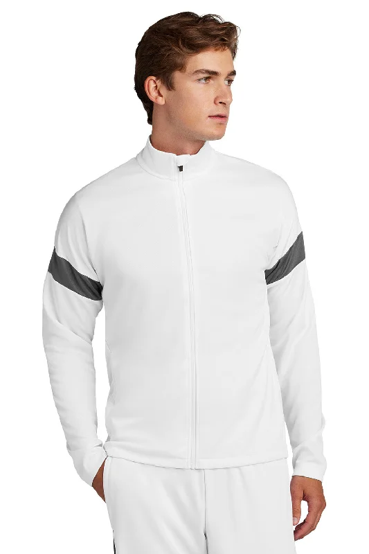 Men jackets with a media - friendly pocket for easy access to gadgetsSport-Tek Mens Moisture Wicking Travel Full Zip Jacket - White/Iron Grey - New