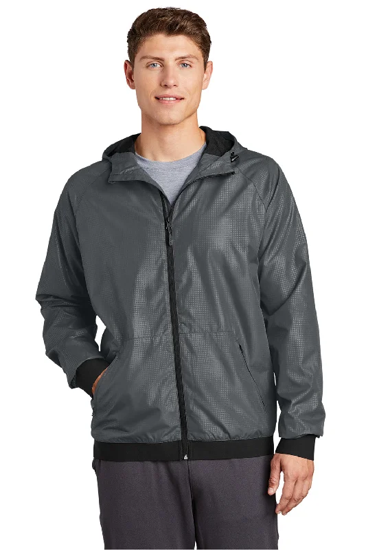 Bomber men jackets with ribbed cuffs for a classic 80s styleSport-Tek Mens Wind & Water Resistant Full Zip Hooded Jacket - Graphite Grey/Black