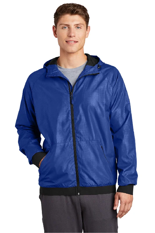 Lightweight men jackets made from recycled nylon for eco - friendly travelSport-Tek Mens Wind & Water Resistant Full Zip Hooded Jacket - True Royal Blue/Black