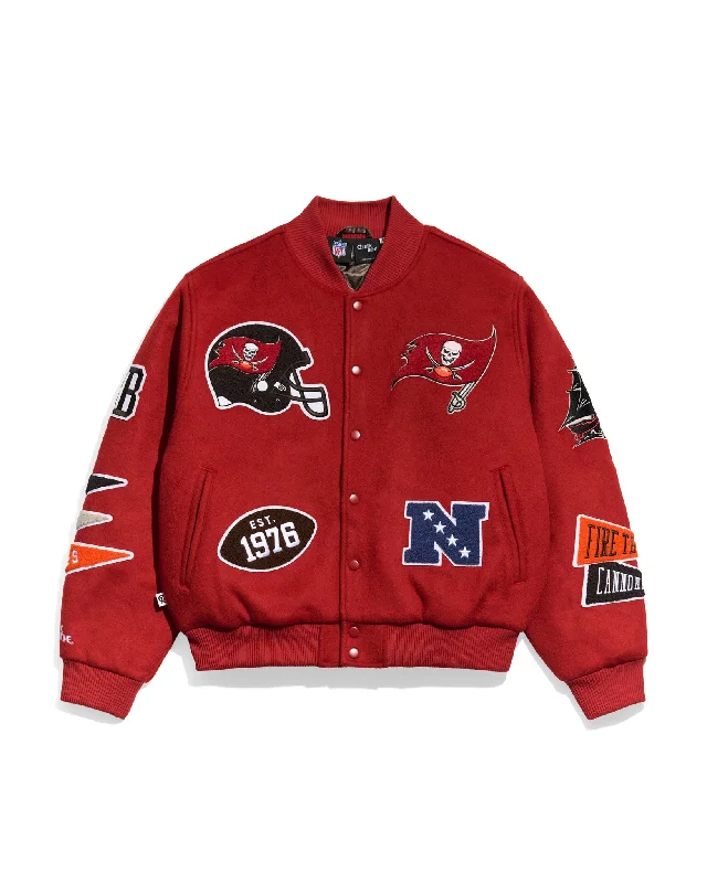 Hooded men jackets with a detachable faux - fur trim for added warmthTampa Bay Buccaneers Pennant Varsity Jacket