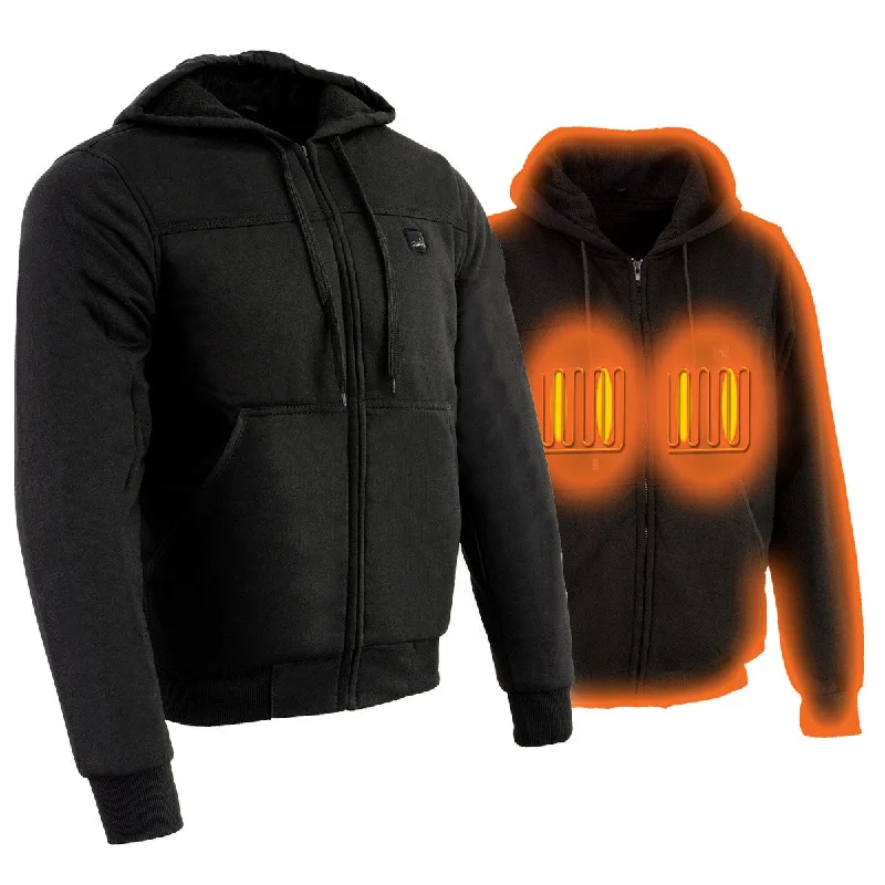 Men jackets with a built - in hood that can be stowed away when not in useThe Bikers Zone BZ2813 Men's Black Ultimate Heated Hoodie with 12V Battery (Included)